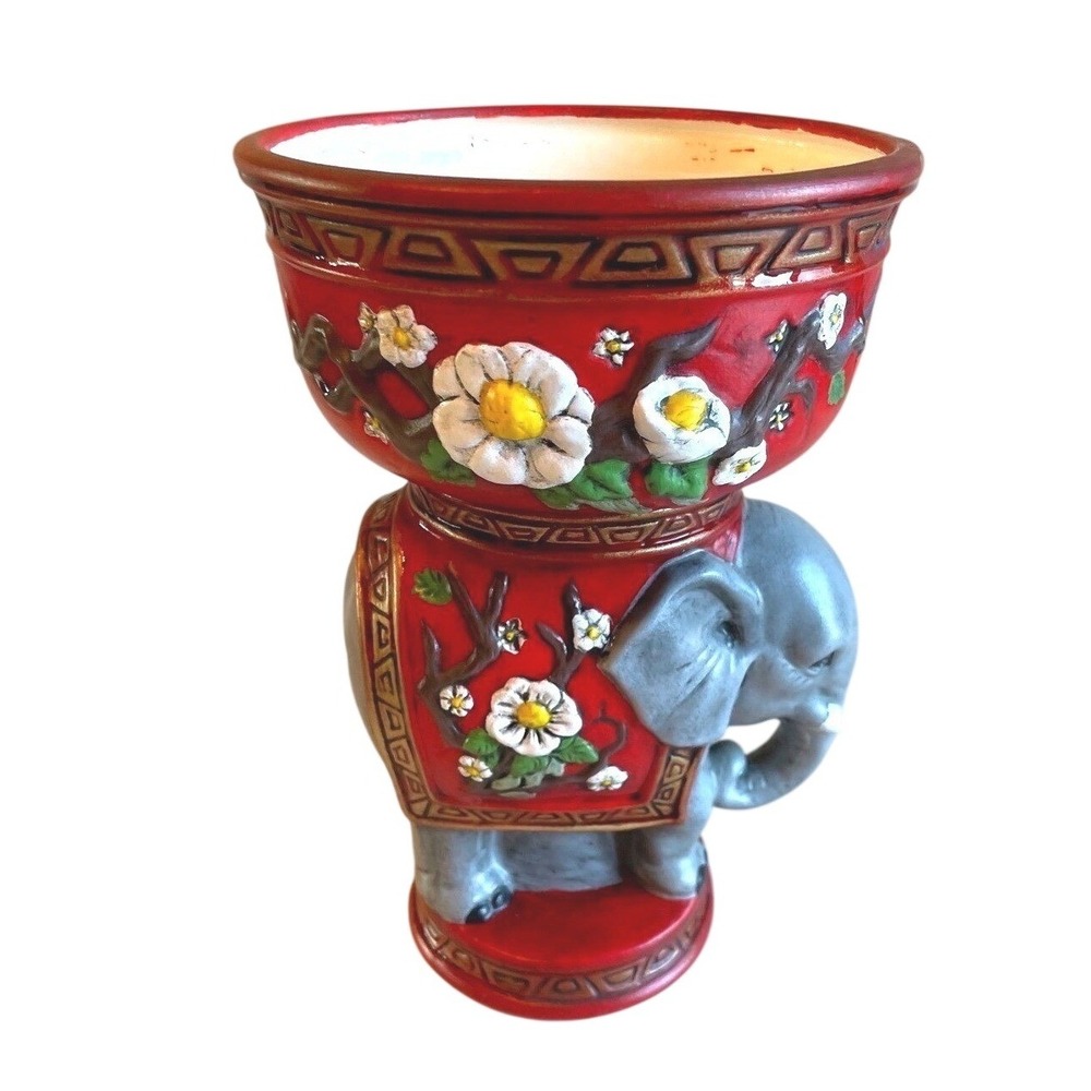 1970's Vintage Ceramic Elephant Planter Red Floral Decorative Tabletop Accent